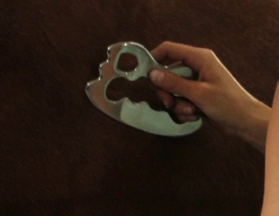 A stainless steel blading tool held against a horse's coat